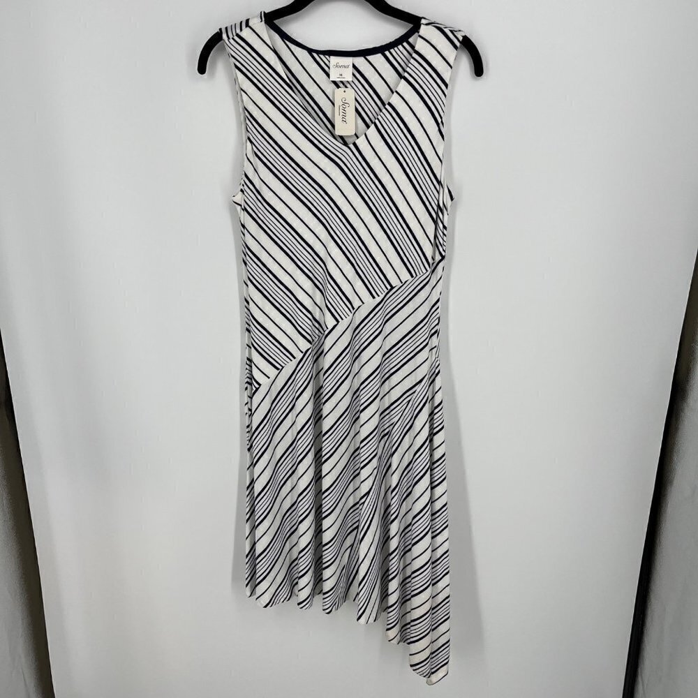 Soma Womens Asymmetrical Midi Dress Size M Soft Jersey Knit Navy Blue White NEW